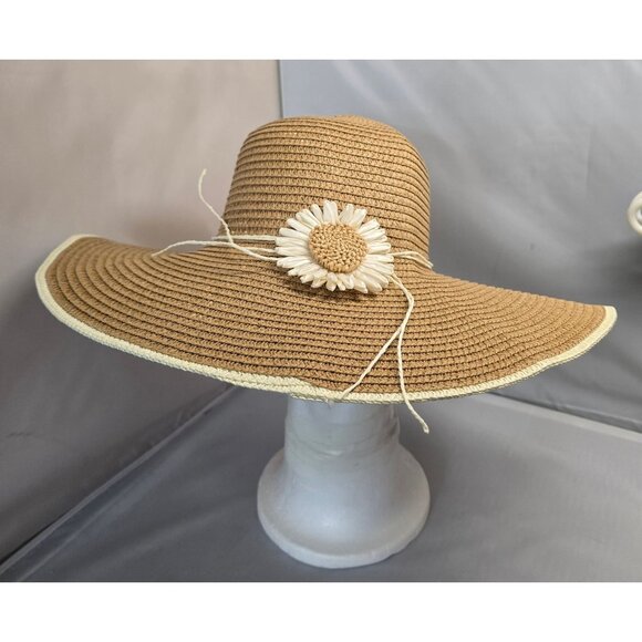 Wide Brim Floppy Straw Hat Daisy Flower Accent Natural Beige Summer beach nautic - Picture 3 of 10